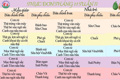 THỰC ĐƠN THÁNG 11 TUẦN I VÀ TUẦN II TRƯỜNG MẦM NON HỢP TIẾN A